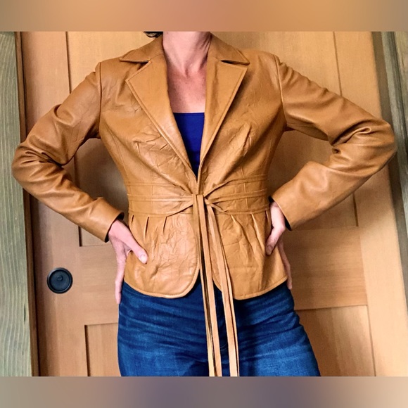 Allan Denis Tan Leather Jacket size small. Tie front - Picture 1 of 3